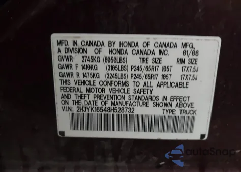 2008 Honda Ridgeline Rtl from USA, damaged, VIN 2HJYK16548H528732